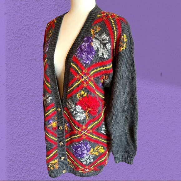 Vintage wool blend oversized knit cardigan plaid floral textured - Picture 5 of 13